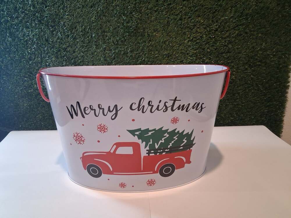 Holiday Style Merry Christmas Metal Oval Ice Bucket Red Truck Drink Tub Handles